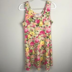 Yellow Pink Floral Sleeveless A-line Summer Dress